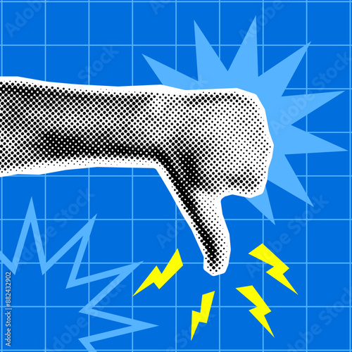 Cool Halftone comic dotted collage with hand showing thumbs down, dislike. Template in retro style, groove, pop art, design on a checkered background for wallpaper, flyer, banner. Vector illustration 