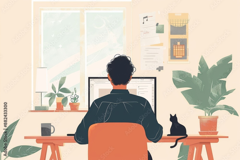 Person working from home with a cat, surrounded by plants and home office setup. Person working from home with a cat, surrounded by plants and home office setup.