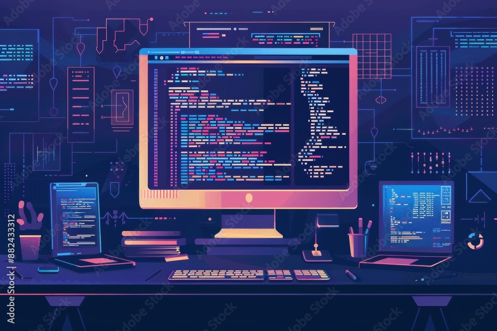 Stylized programmer workspace with code on screens and futuristic interface elements. Stylized programmer workspace with code on screens and futuristic interface elements.