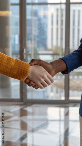 Businesspeople shaking hands with city skyline visible through large office windows. Successful business deal with handshake in a bright, modern office setting.