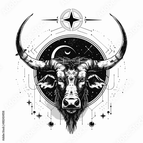 A bull with horns and a star in the background. The bull is the main focus of the image