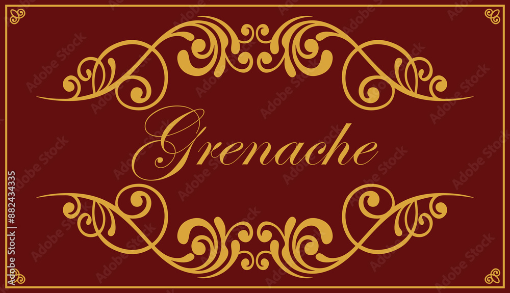 Transparent PNG file of ornate Grenache wine bottle label. Gold lettering and scrolls on a red background Transparent PNG file of ornate Grenache wine bottle label. Gold lettering and scrolls on a red background