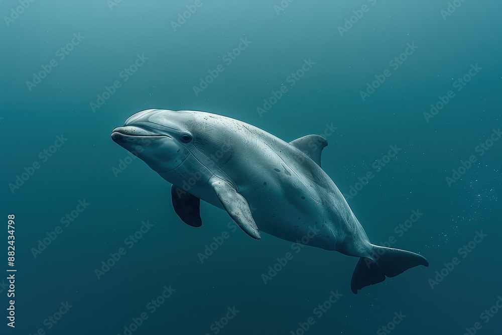A Vaquita dolphin swimming gracefully in clear blue waters, its small, rounded body and distinctive dark patches around its eyes visible. A Vaquita dolphin swimming gracefully in clear blue waters, its small, rounded body and distinctive dark patches around its eyes visible.