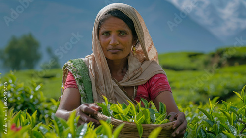 Indian woman in traditional attire picks fresh tea leaves in a lush green tea plantation. She wears a beige headscarf and looks directly at the camera, vibrant green foliage and distant. guwahati photo