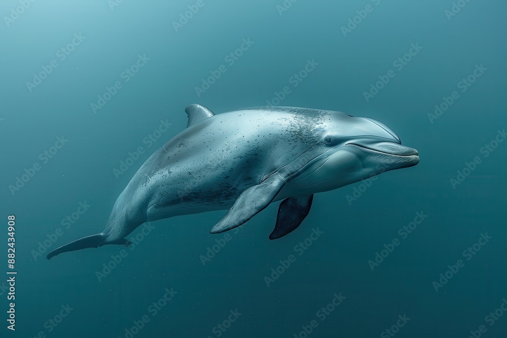 A Vaquita dolphin swimming gracefully in clear blue waters, its small, rounded body and distinctive dark patches around its eyes visible. A Vaquita dolphin swimming gracefully in clear blue waters, its small, rounded body and distinctive dark patches around its eyes visible.
