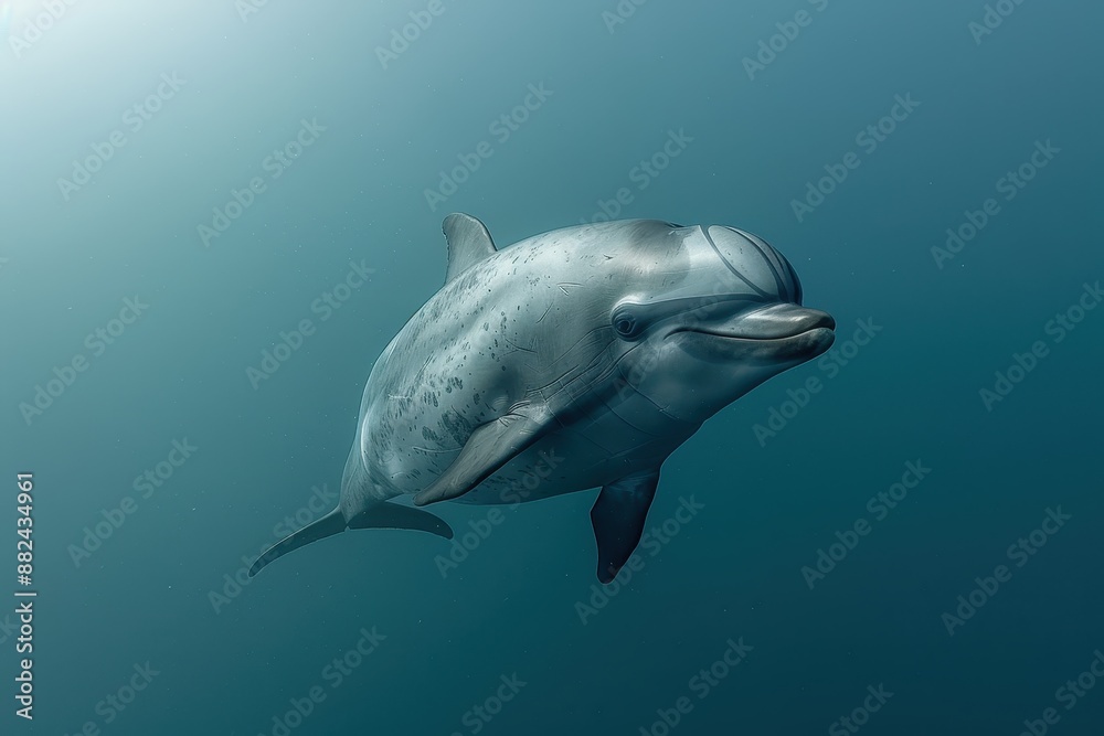 Fototapeta premium A Vaquita dolphin swimming gracefully in clear blue waters, its small, rounded body and distinctive dark patches around its eyes visible. 