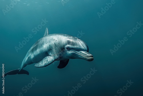 A Vaquita dolphin swimming gracefully in clear blue waters, its small, rounded body and distinctive dark patches around its eyes visible. 