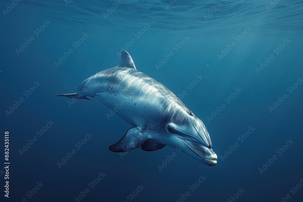 Fototapeta premium A Vaquita dolphin swimming gracefully in clear blue waters, its small, rounded body and distinctive dark patches around its eyes visible. 