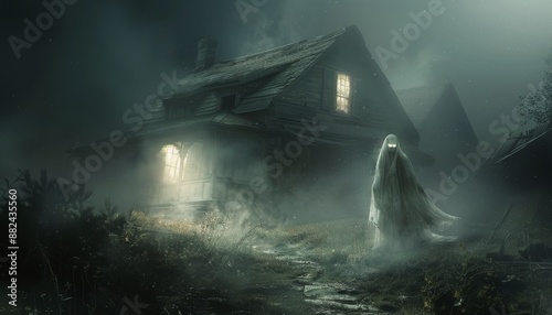 A Ghost Stands Before a Foggy House on a Dark Night