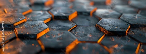 Close Up of Wet Black Hexagonal Tiles With Orange Lighting