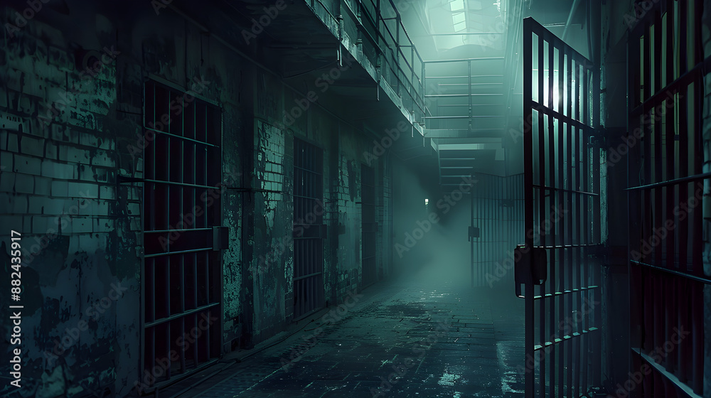 Eerie prison with ghostly inmates trapped behind bars in hauntingly