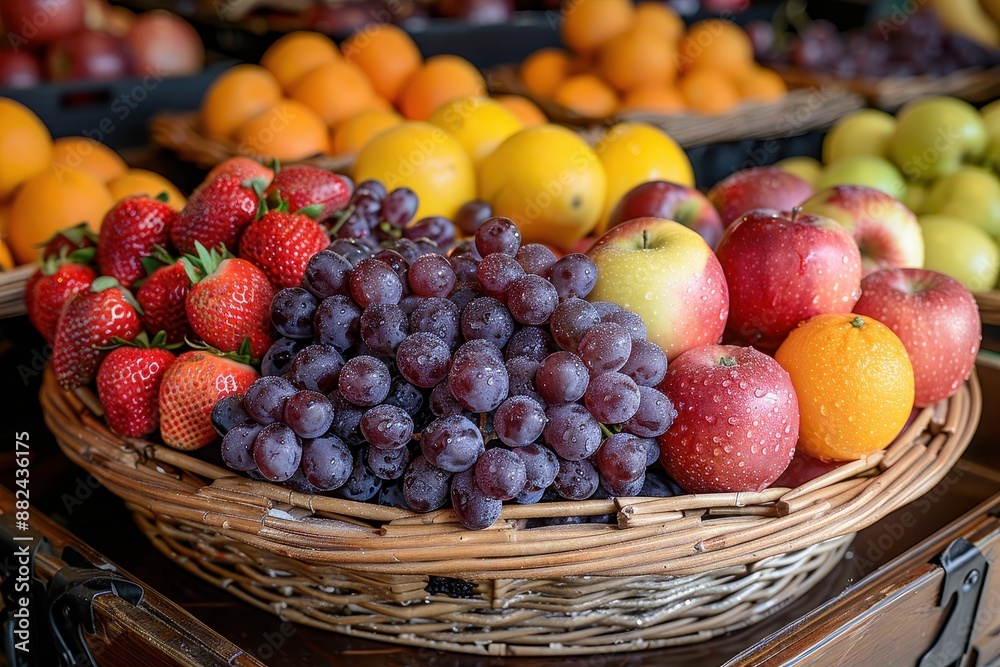 A vibrant basket filled with a variety of fresh fruits including apples, oranges, bananas, grapes, and strawberries, all glistening with morning dew. A vibrant basket filled with a variety of fresh fruits including apples, oranges, bananas, grapes, and strawberries, all glistening with morning dew.