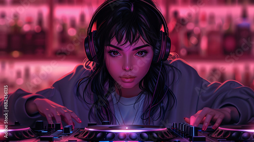 Young dj wearing headphones is mixing music on a digital console in a nightclub setting