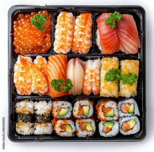 Assorted Sushi and Nigiri in a Black Plastic Takeout Container