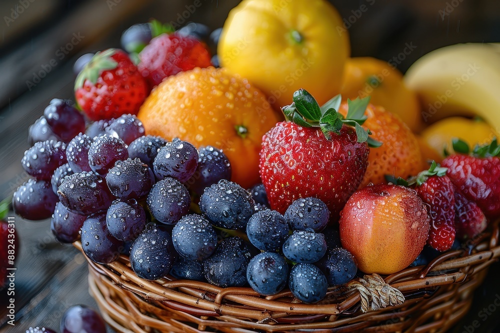 A vibrant basket filled with a variety of fresh fruits including apples, oranges, bananas, grapes, and strawberries, all glistening with morning dew. A vibrant basket filled with a variety of fresh fruits including apples, oranges, bananas, grapes, and strawberries, all glistening with morning dew.
