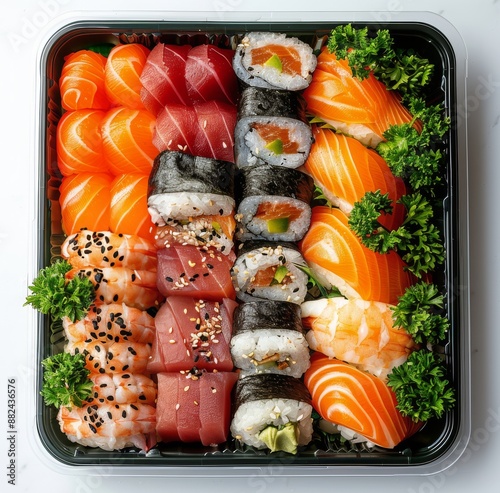 Assorted Sushi Rolls and Nigiri in a Black Takeout Container