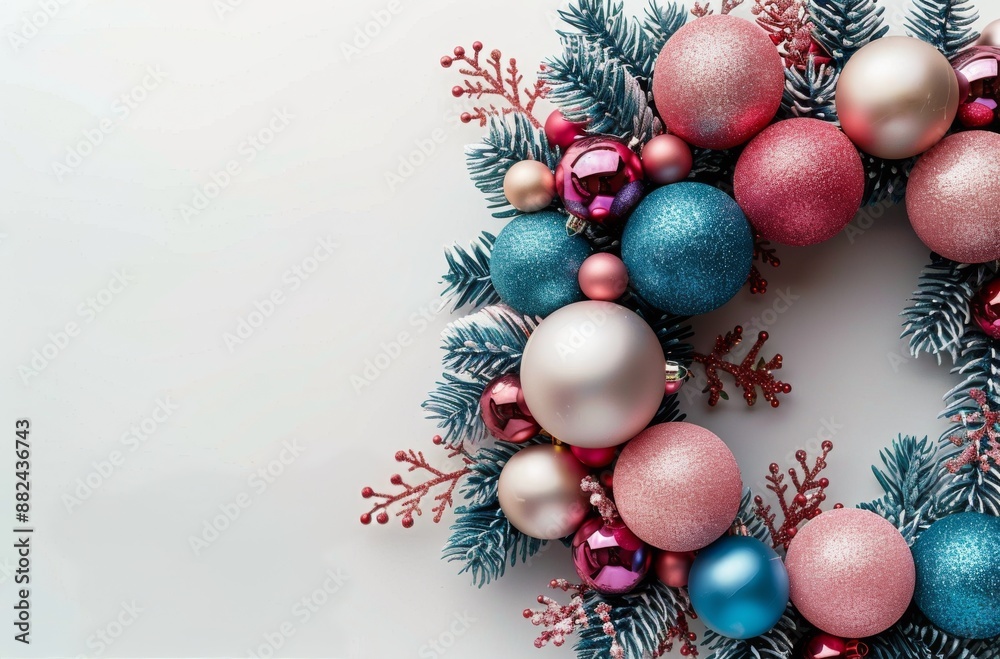 Fototapeta premium Pink and Teal Christmas Wreath With Pine Branches and Ornaments