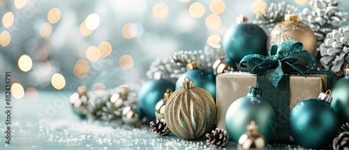 Gold Gift Box With Pine Cones and Ornaments on Snowy Background
