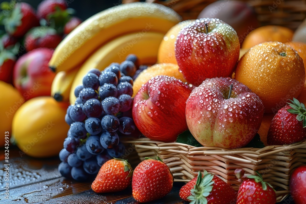 A vibrant basket filled with a variety of fresh fruits including apples, oranges, bananas, grapes, and strawberries, all glistening with morning dew. A vibrant basket filled with a variety of fresh fruits including apples, oranges, bananas, grapes, and strawberries, all glistening with morning dew.