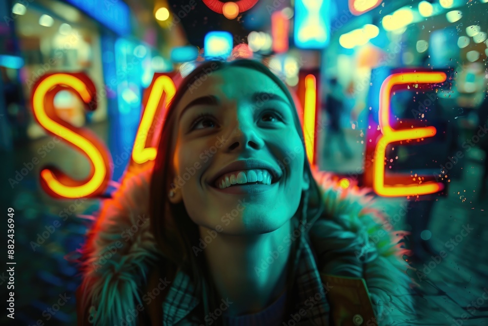 A young woman smiles brightly as she gazes up at a neon sign, lost in the vibrant glow of the city lights A young woman smiles brightly as she gazes up at a neon sign, lost in the vibrant glow of the city lights