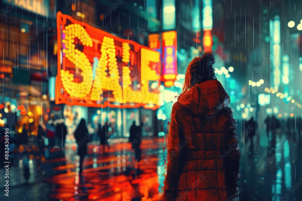 A lone figure walks through the rain in a city lit by neon signs and advertisements, a large SALE sign dominating the scene A lone figure walks through the rain in a city lit by neon signs and advertisements, a large SALE sign dominating the scene