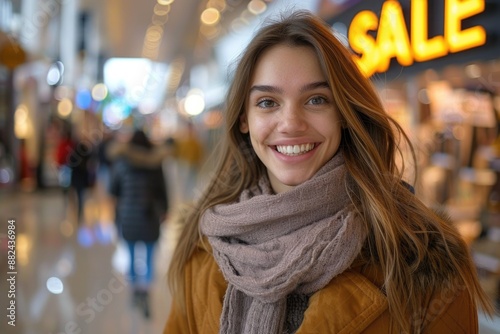 A woman, bundled in a scarf, smiles brightly as she walks past a shop with a sale sign. The mall is bustling with activity