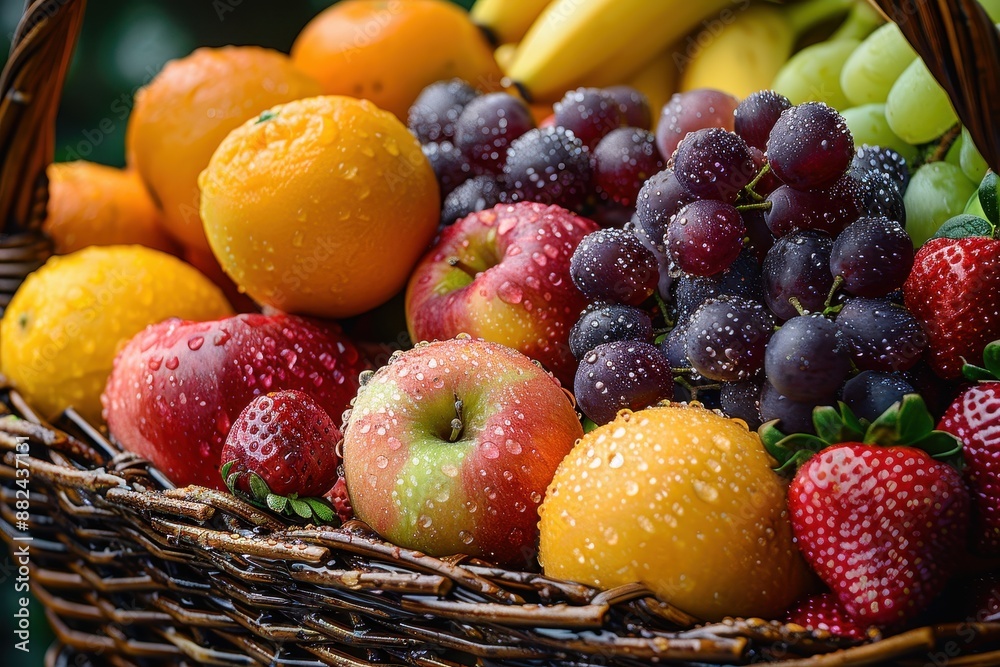 A vibrant basket filled with a variety of fresh fruits including apples, oranges, bananas, grapes, and strawberries, all glistening with morning dew. A vibrant basket filled with a variety of fresh fruits including apples, oranges, bananas, grapes, and strawberries, all glistening with morning dew.