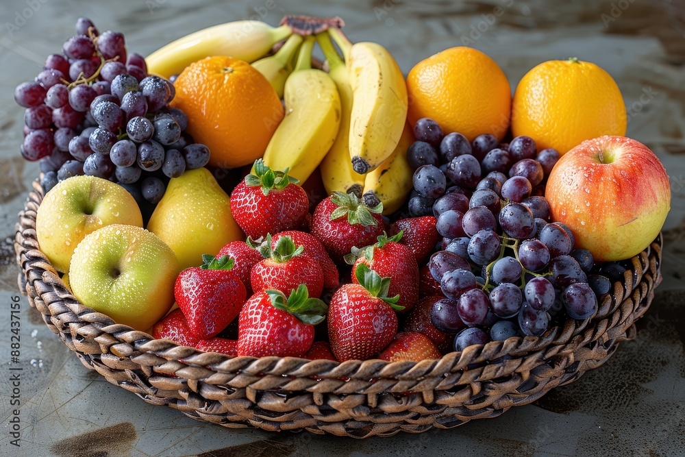 A vibrant basket filled with a variety of fresh fruits including apples, oranges, bananas, grapes, and strawberries, all glistening with morning dew. A vibrant basket filled with a variety of fresh fruits including apples, oranges, bananas, grapes, and strawberries, all glistening with morning dew.