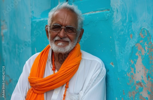 Elderly Man With White Hair and Beard Wearing Orange Scarf in Front of Blue Wall