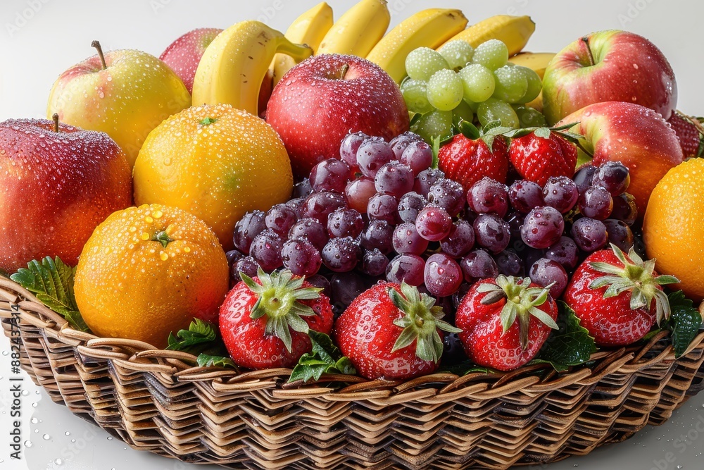 A vibrant basket filled with a variety of fresh fruits including apples, oranges, bananas, grapes, and strawberries, all glistening with morning dew. A vibrant basket filled with a variety of fresh fruits including apples, oranges, bananas, grapes, and strawberries, all glistening with morning dew.