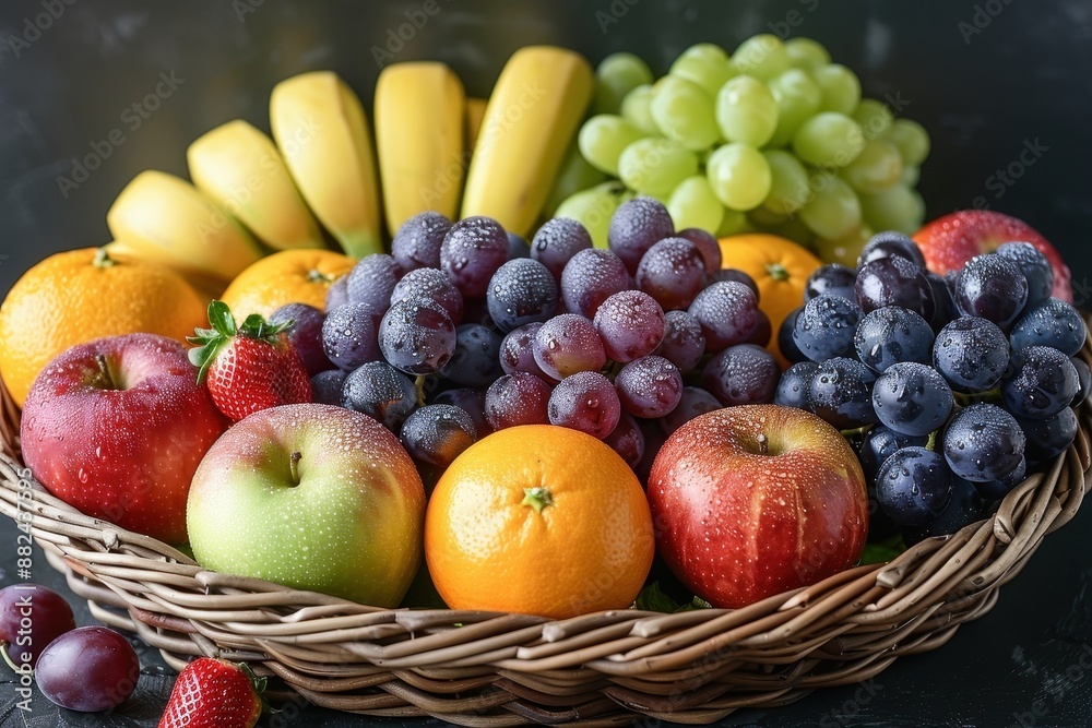 A vibrant basket filled with a variety of fresh fruits including apples, oranges, bananas, grapes, and strawberries, all glistening with morning dew. A vibrant basket filled with a variety of fresh fruits including apples, oranges, bananas, grapes, and strawberries, all glistening with morning dew.