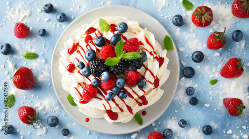 Meringue Cake with Fresh Berries, Blueberry, Raspberry, Strawberry on Blue Background, Top View