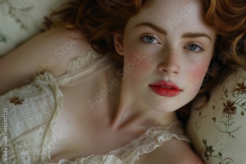 A young woman with fair skin and auburn curls rests her head on a floral pillow, her eyes gazing softly into the distance photo