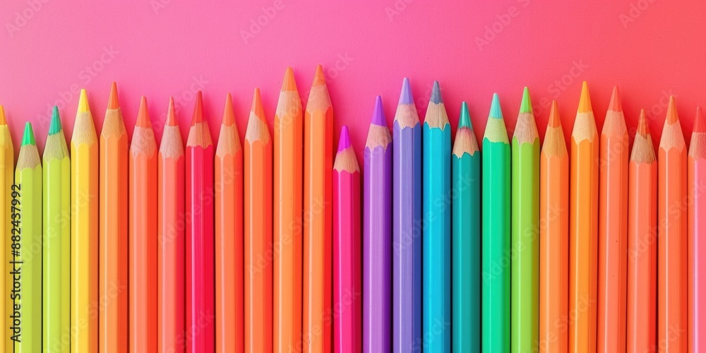 A line of colorful pencils against a pink background A line of colorful pencils against a pink background