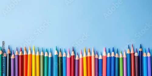 A row of colorful pencils rests against a light blue background, ready to be used to create art