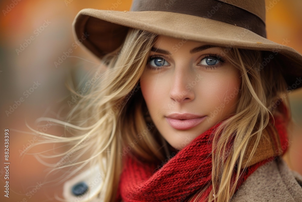 A woman with long blonde hair and a warm smile looks into the camera while wearing a red scarf and a brown hat A woman with long blonde hair and a warm smile looks into the camera while wearing a red scarf and a brown hat
