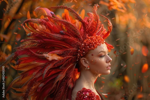 A woman in a red feathered headdress stands in a forest, bathed in the warm light of the setting sun. Petals drift around her, creating a magical atmosphere photo