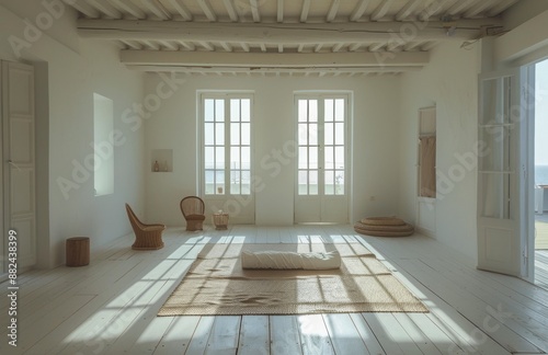 Sunlight Streaming Through French Doors Into A Bright, White Room