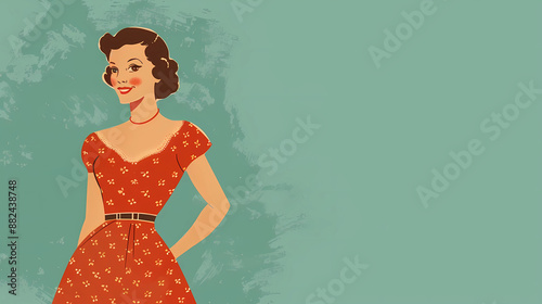 Vintage style illustration of a smiling woman in a dress photo