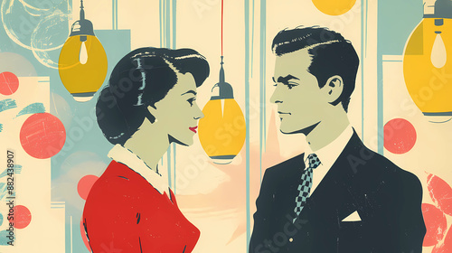 Vintage-style illustration of a man and a woman photo