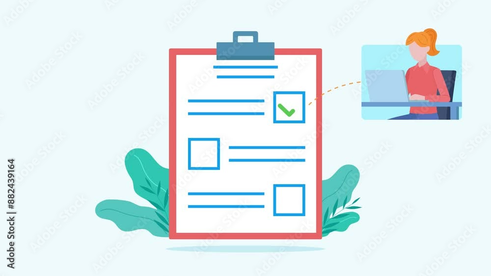Animation of notebook with checklist. When the checklist is completed, employee characters appear. A woman working on a laptop, a woman taking notes in a notebook and a man working on a tablet. 