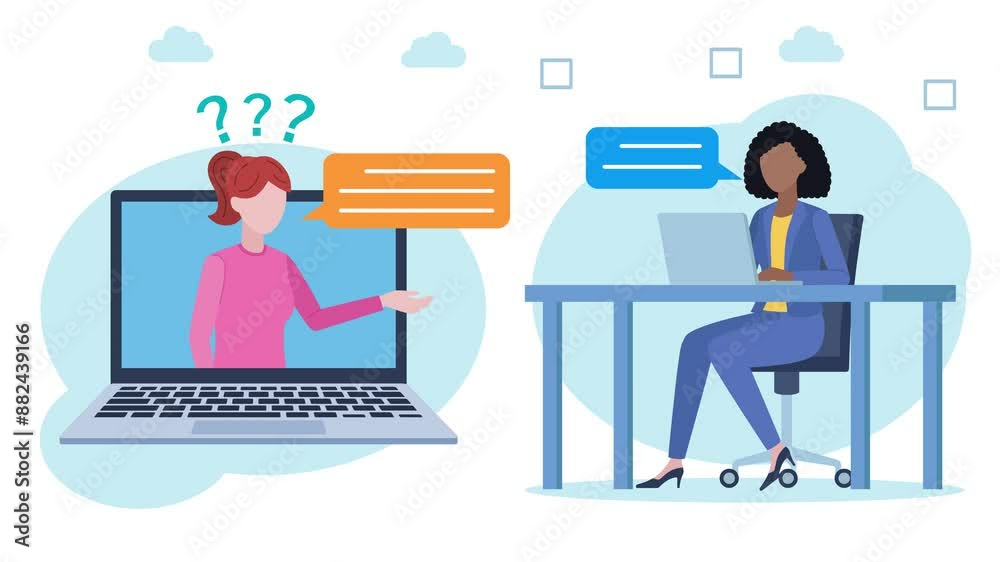 Video of client and customer support. The client appears on the laptop screen with a speech bubble and question marks. Next to her, the employee at the desk with answers. Five stars of satisfaction. Video of client and customer support. The client appears on the laptop screen with a speech bubble and question marks. Next to her, the employee at the desk with answers. Five stars of satisfaction.