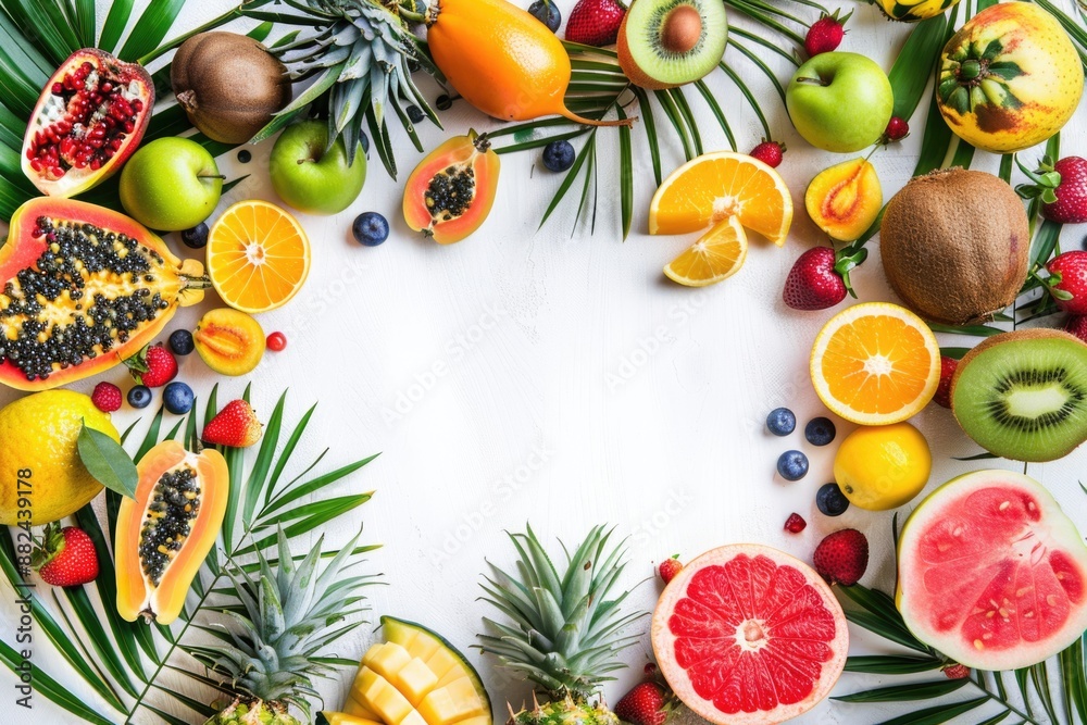 A vibrant array of fresh fruit, including papaya, pineapple, kiwi, and citrus, arranged in a circular design on a white background A vibrant array of fresh fruit, including papaya, pineapple, kiwi, and citrus, arranged in a circular design on a white background