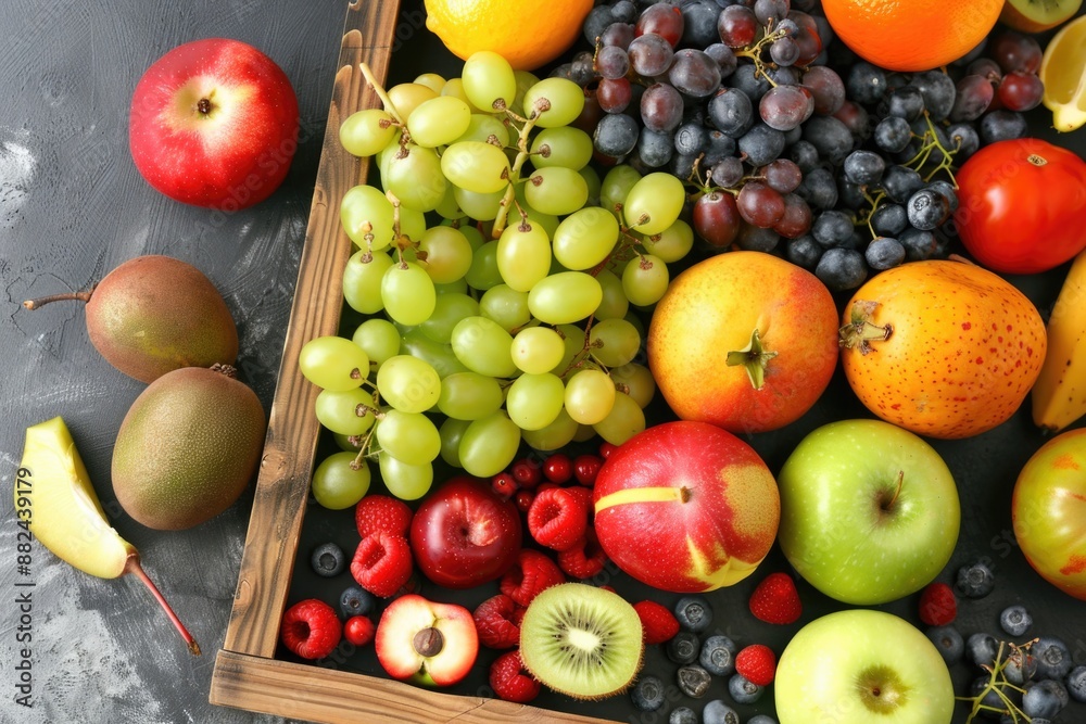 A wooden crate overflowing with an assortment of fresh fruits, including grapes, apples, kiwi, and citrus, creating a vibrant and inviting display A wooden crate overflowing with an assortment of fresh fruits, including grapes, apples, kiwi, and citrus, creating a vibrant and inviting display