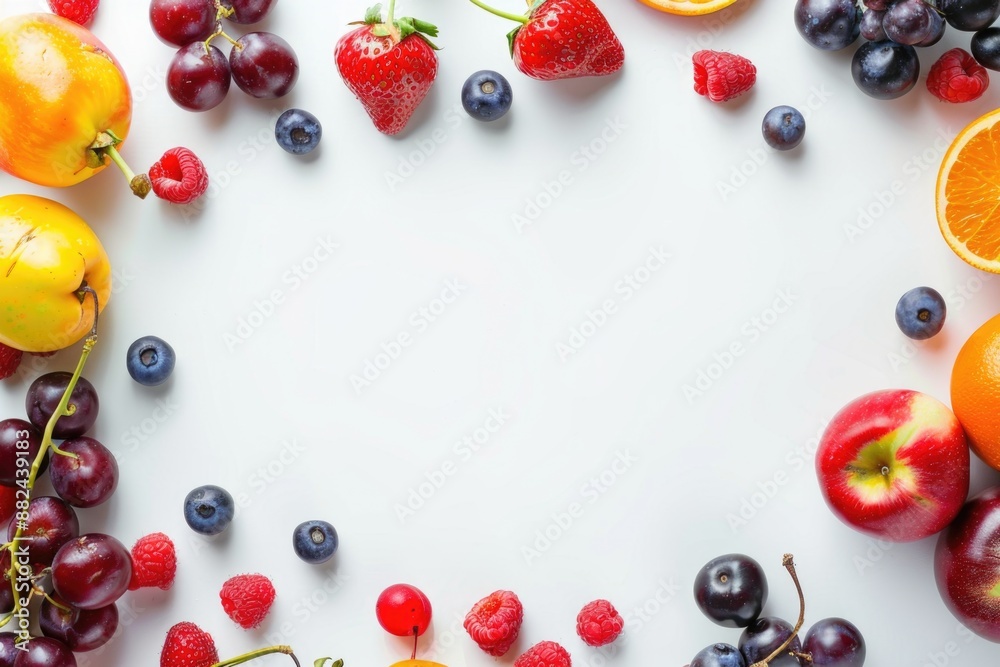 A white surface is surrounded by a variety of colorful fruits, creating a vibrant and tempting border A white surface is surrounded by a variety of colorful fruits, creating a vibrant and tempting border