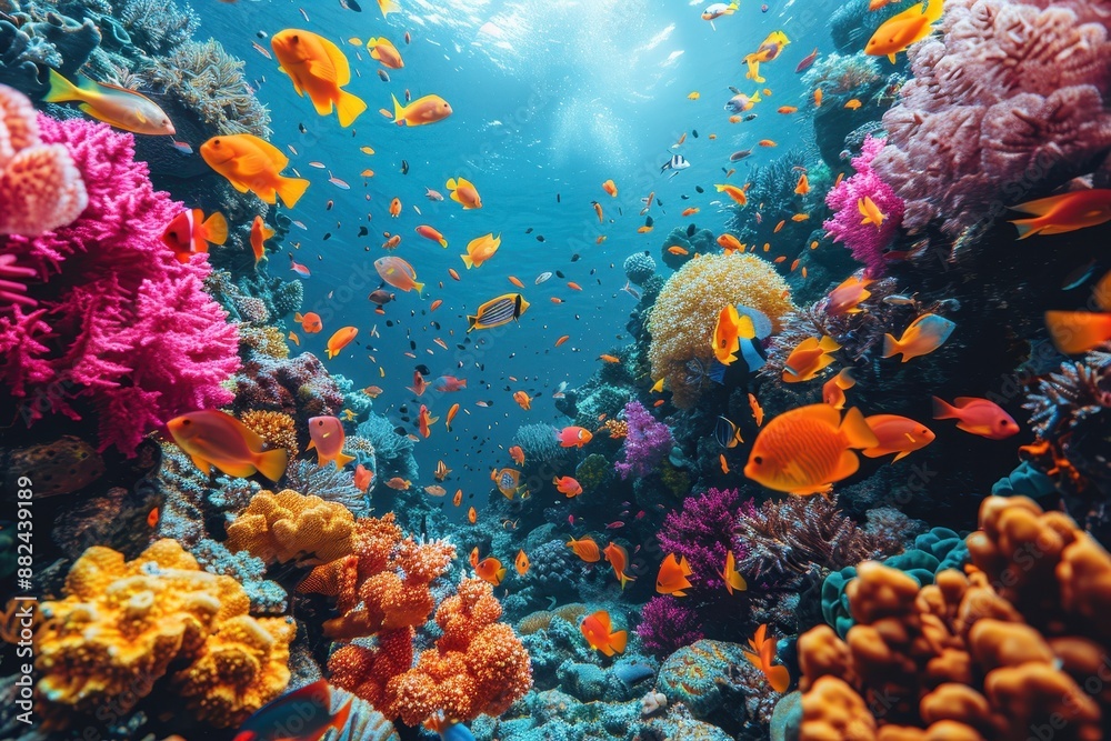 Fototapeta premium A vibrant coral reef teeming with colorful fish and marine life, showcasing the beauty of underwater ecosystems.