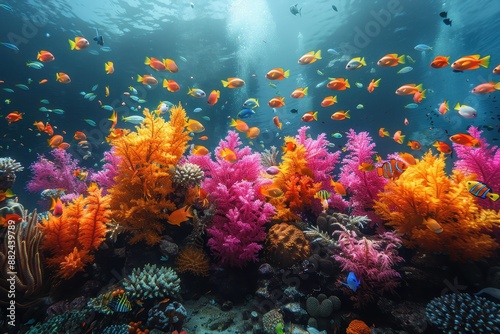 A vibrant coral reef teeming with colorful fish and marine life, showcasing the beauty of underwater ecosystems. 