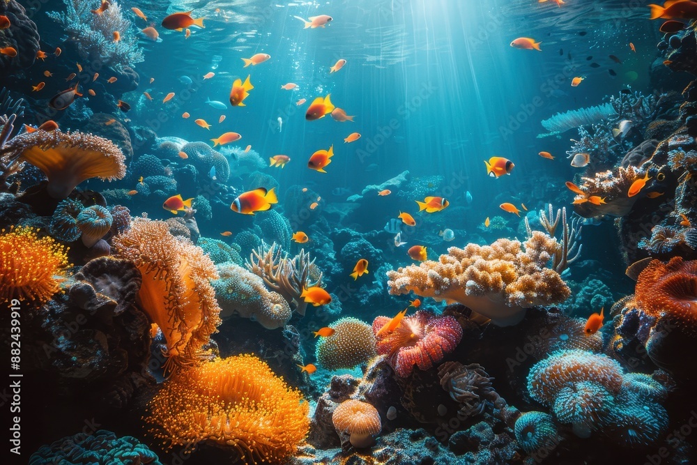 Obraz premium A vibrant coral reef teeming with colorful fish and marine life, showcasing the beauty of underwater ecosystems. 
