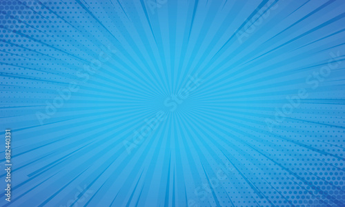 Comic book blue background with halftone dots and rays. Vector illustration