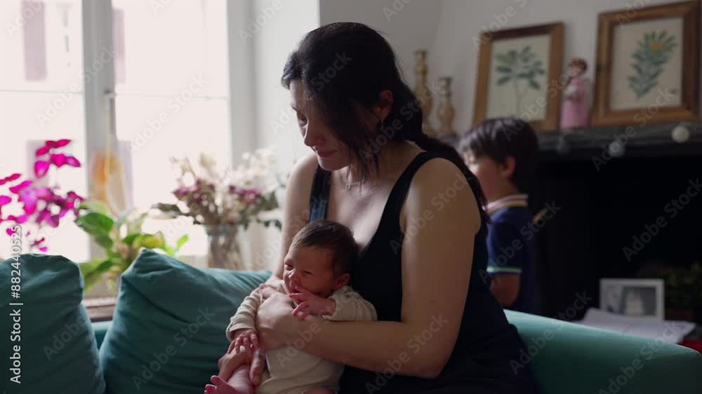 Mother holds newborn baby on couch, looking content and peaceful. The home setting with natural light and decorations enhances the loving and cozy atmosphere of the moment Mother holds newborn baby on couch, looking content and peaceful. The home setting with natural light and decorations enhances the loving and cozy atmosphere of the moment